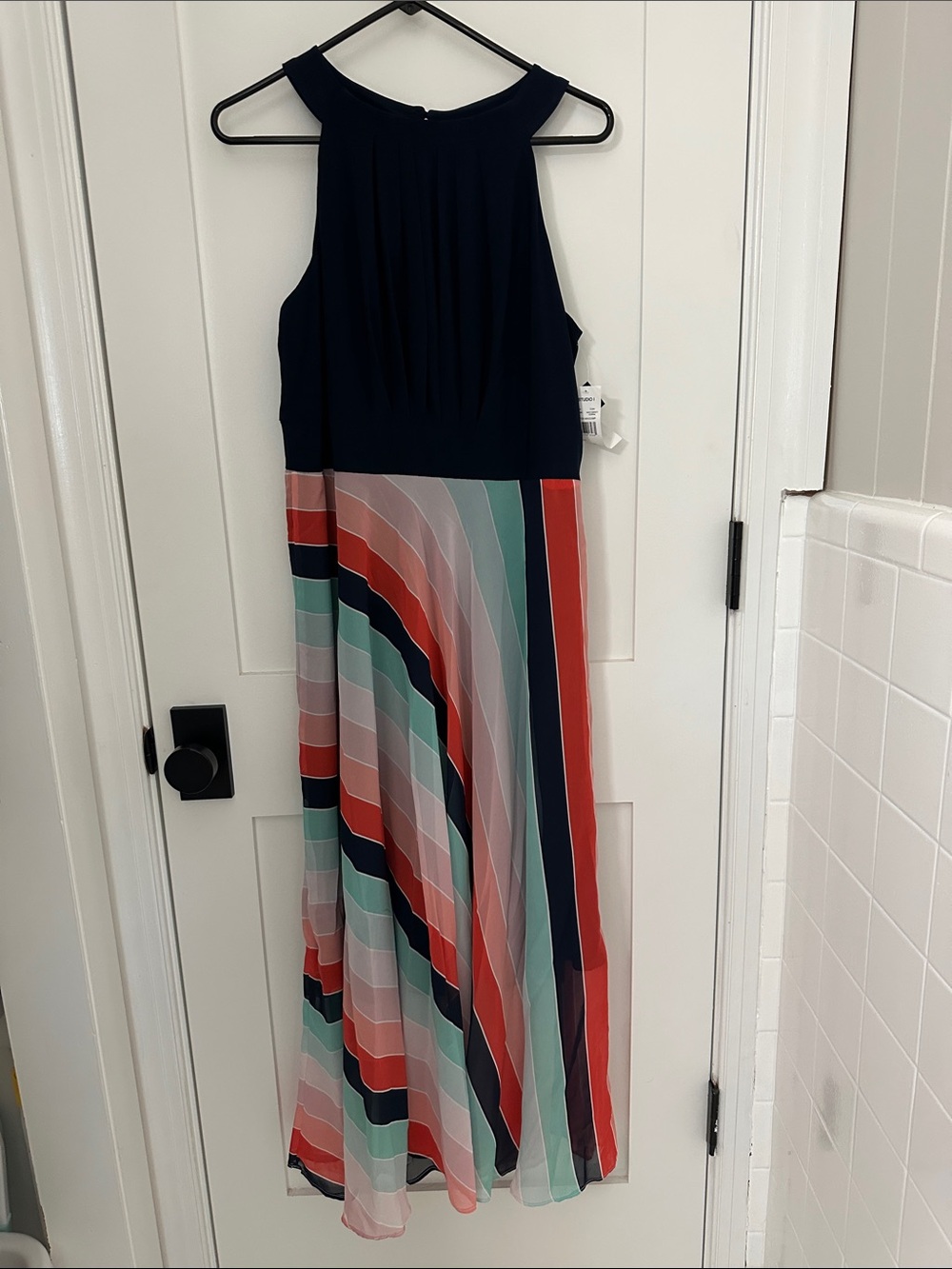 Studio 1 Sandra Darren Navy Halter Maxi with Coral, Teal, Mint and Black Stripes